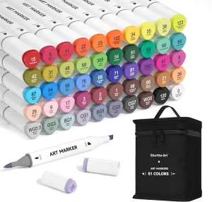 Shuttle Art Alcohol Markers Brush tip, Dual Tip Brush & Chisel Tip Art Marker Set, 50 Colors plus 1 Blender Permanent Marker Pens with Case Perfect for Illustration Students Adults Coloring