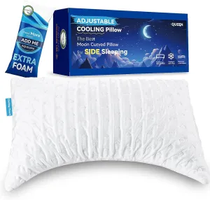 Side Sleeper Pillow for Neck Pain Relief, Adjustable Shredded Memory Foam Bed Pillows for Sleeping, Ergonomic Curved Contour Pillow, Queen Size, Extra Fill Included