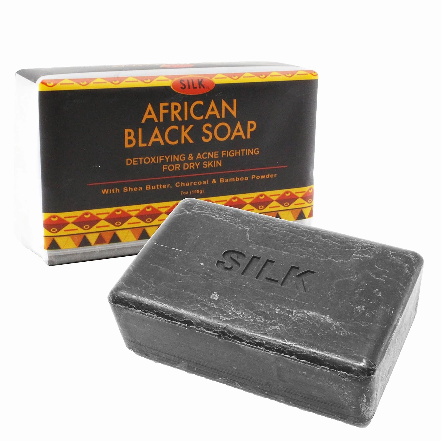 Silk African Black Soap (7 oz) for Face & Body for Detoxifying, Acne, Dry Skin, Eczema with Shea Butter, Charcoal & Bamboo Powder (6 PACK)
