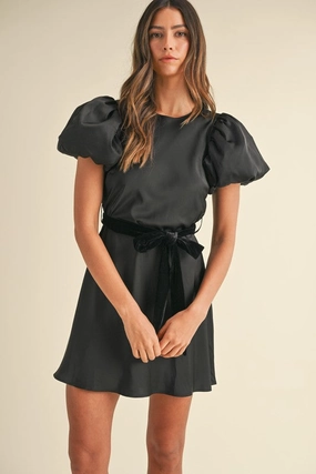 Silky Puff Sleeve Velvet Tie Mini Dress