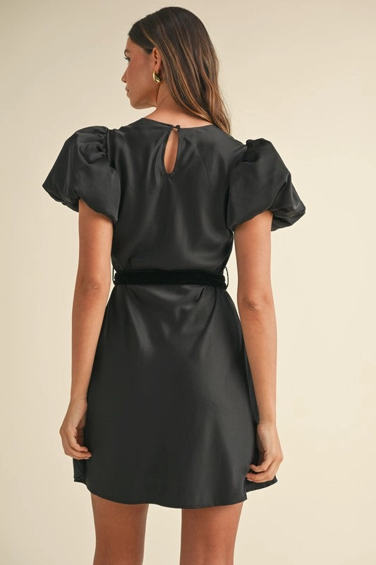 Silky Puff Sleeve Velvet Tie Mini Dress