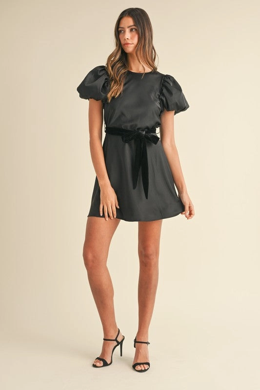 Silky Puff Sleeve Velvet Tie Mini Dress
