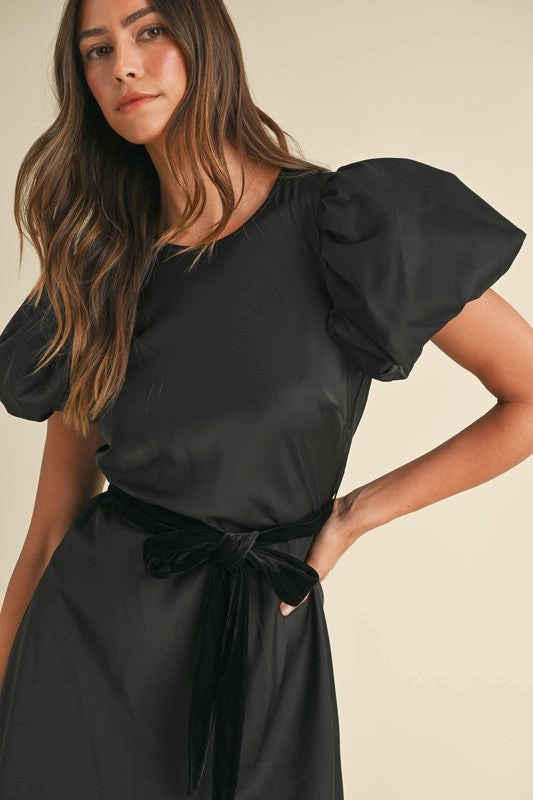 Silky Puff Sleeve Velvet Tie Mini Dress