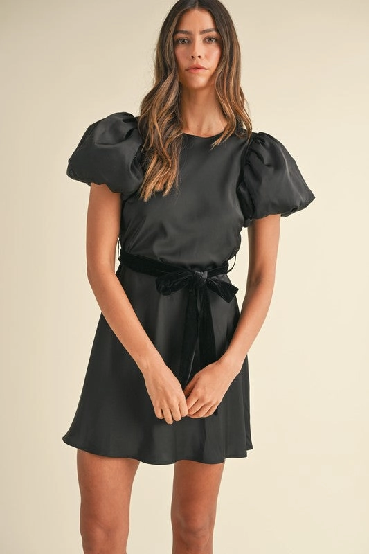 Silky Puff Sleeve Velvet Tie Mini Dress