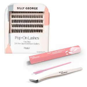 Silly George Easy Application Bundle - 60 Pre-Glued Pop-On Lash Clusters, Black Style Flutter   Precision Tweezers & Spoolie for a Natural Finish