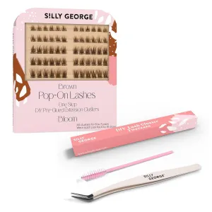 Silly George Easy Application Bundle - 60 Pre-Glued Pop-On Lash Clusters, Brown Style Bloom   Precision Tweezers & Spoolie for a Natural Finish