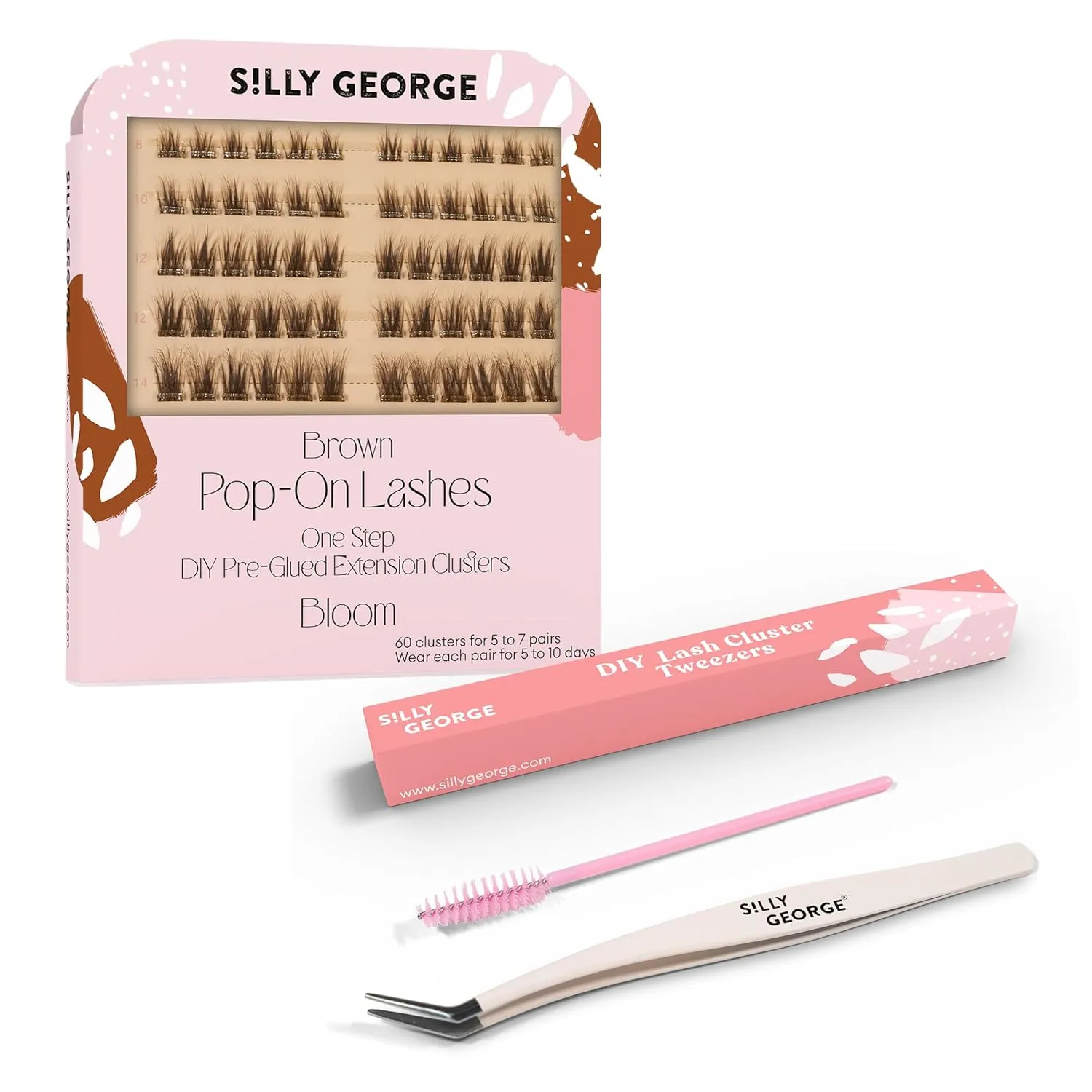 Silly George Easy Application Bundle - 60 Pre-Glued Pop-On Lash Clusters, Brown Style Bloom   Precision Tweezers & Spoolie for a Natural Finish
