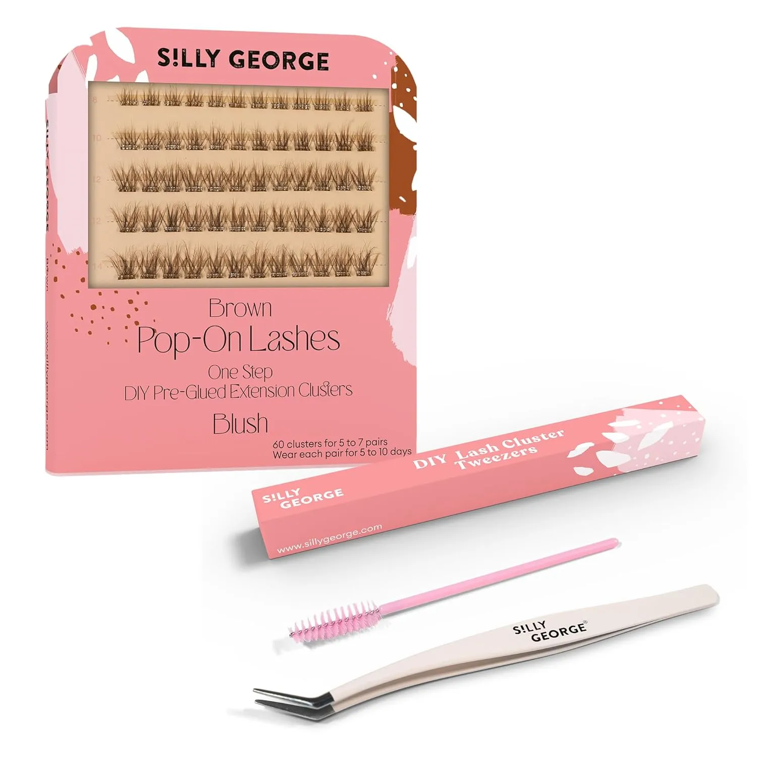 Silly George Easy Application Bundle - 60 Pre-Glued Pop-On Lash Clusters, Brown Style Blush   Precision Tweezers & Spoolie for a Natural Finish