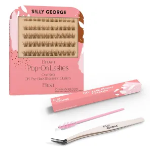Silly George Easy Application Bundle - 60 Pre-Glued Pop-On Lash Clusters, Brown Style Blush   Precision Tweezers & Spoolie for a Natural Finish