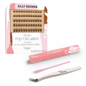 Silly George Easy Application Bundle - 60 Pre-Glued Pop-On Lash Clusters, Brown Style Flutter   Precision Tweezers & Spoolie for a Natural Finish