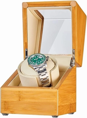 Single Watch Winder for Automatic Watches Bamboo Wood Watch Box with Super Quiet Motor Flexible Watch Pillows Fit Lady and Man Watches,OneColor-1 0