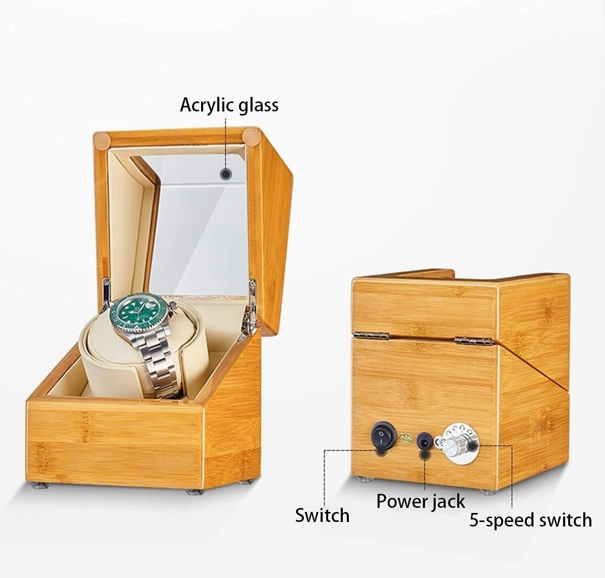 Single Watch Winder for Automatic Watches Bamboo Wood Watch Box with Super Quiet Motor Flexible Watch Pillows Fit Lady and Man Watches,OneColor-1 0