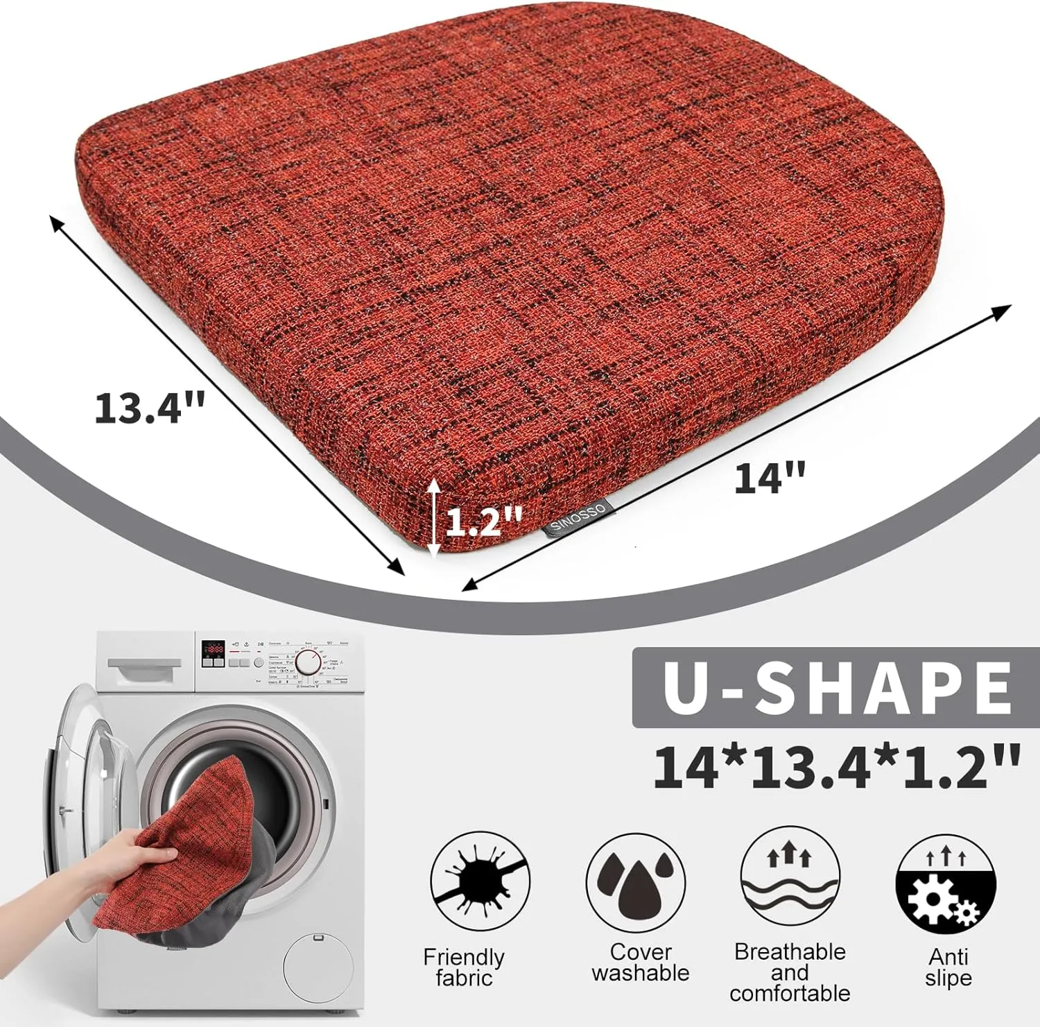 SINOSSO Memory Foam 14" Metal Chair Cushions 4 Pcs, Modern Interwoven Style Magnetic Chair Pads for Dining Kitchen Cafe Bistro Stackable Chair (U-Shape, Red, 4)