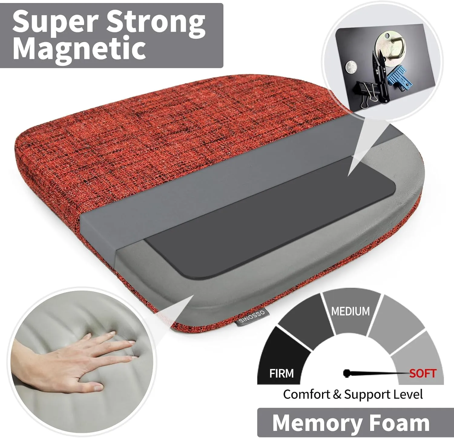SINOSSO Memory Foam 14" Metal Chair Cushions 4 Pcs, Modern Interwoven Style Magnetic Chair Pads for Dining Kitchen Cafe Bistro Stackable Chair (U-Shape, Red, 4)