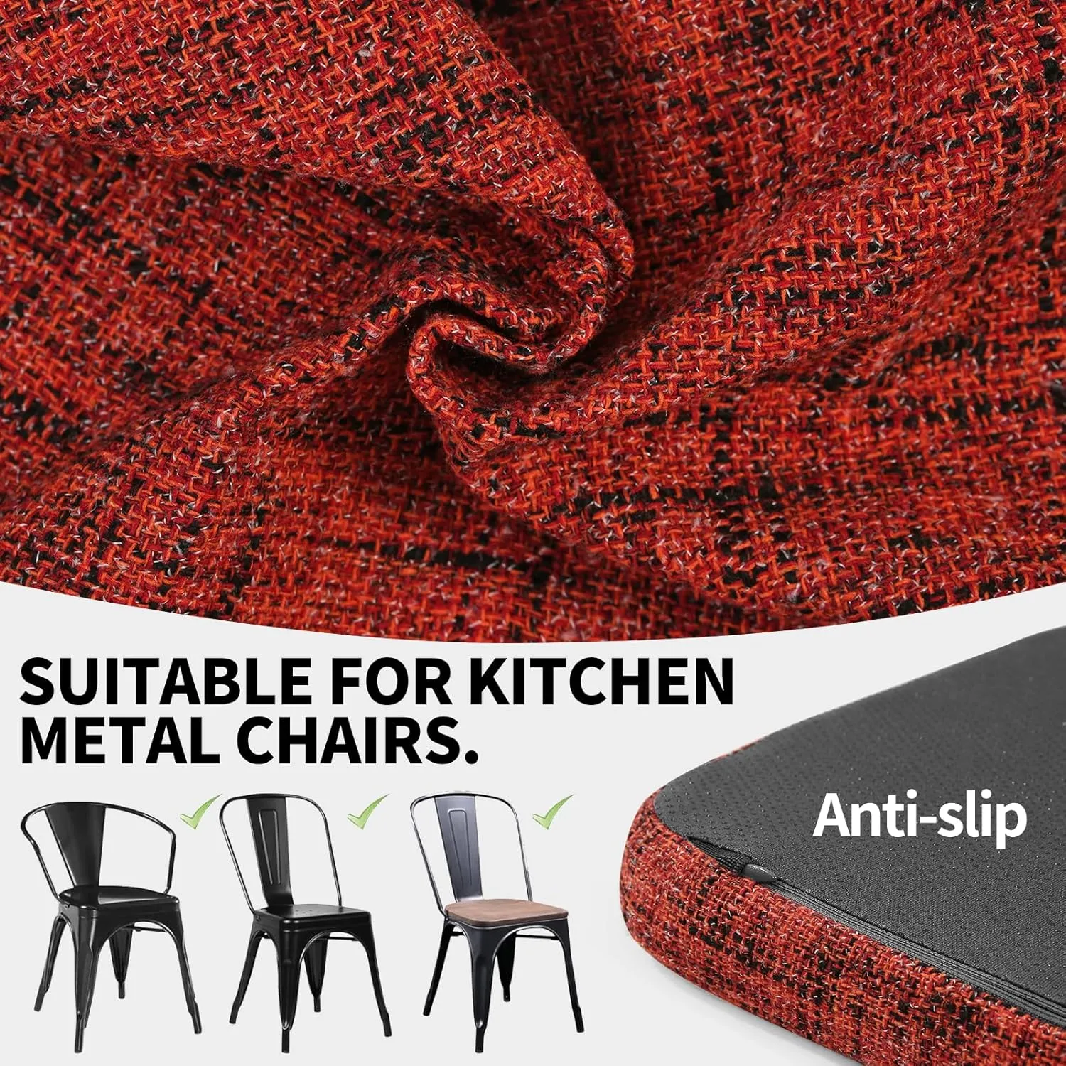 SINOSSO Memory Foam 14" Metal Chair Cushions 4 Pcs, Modern Interwoven Style Magnetic Chair Pads for Dining Kitchen Cafe Bistro Stackable Chair (U-Shape, Red, 4)
