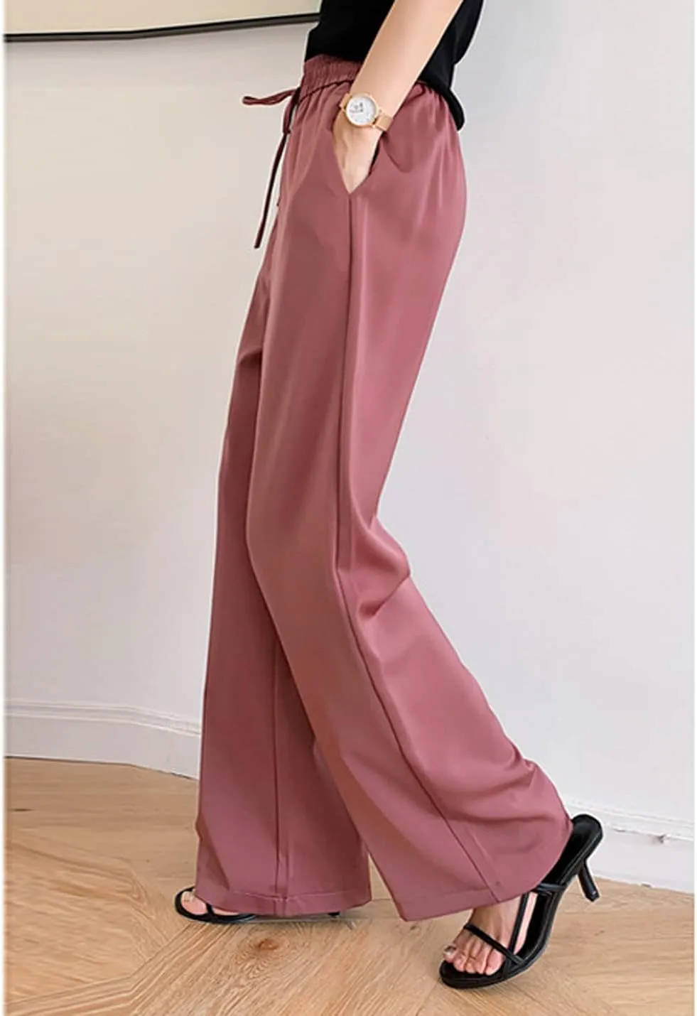 Snoly Women's Summer Ice Silk Pants High Waist Wide Leg Full Length Loose Casual Sweatpants