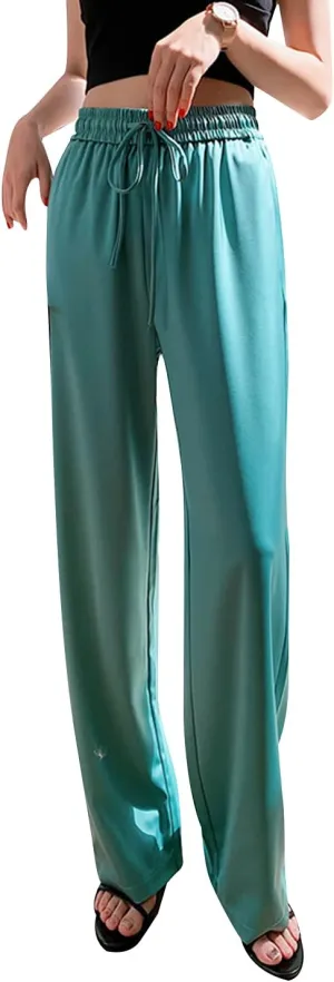 Snoly Women's Summer Ice Silk Pants High Waist Wide Leg Full Length Loose Casual Sweatpants