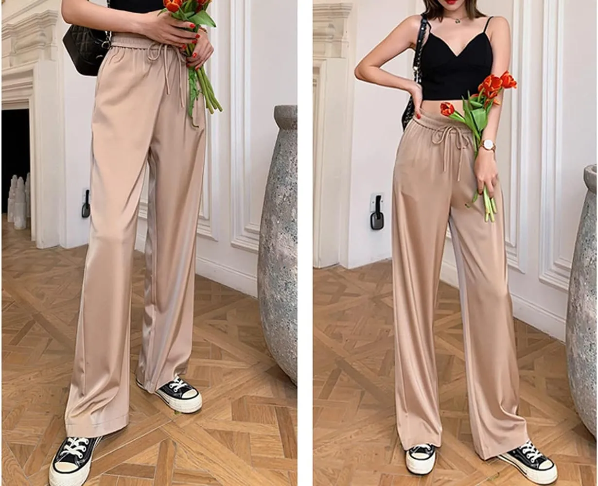 Snoly Women's Summer Ice Silk Pants High Waist Wide Leg Full Length Loose Casual Sweatpants