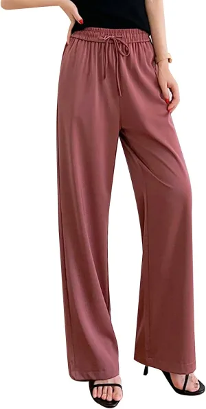 Snoly Women's Summer Ice Silk Pants High Waist Wide Leg Full Length Loose Casual Sweatpants