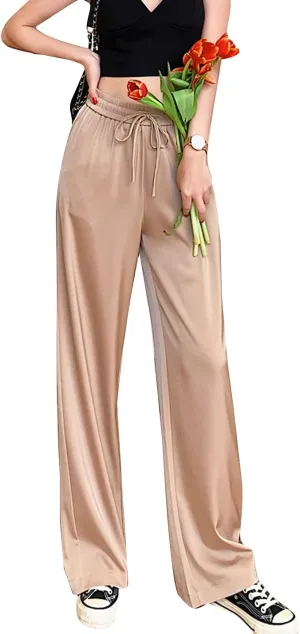 Snoly Women's Summer Ice Silk Pants High Waist Wide Leg Full Length Loose Casual Sweatpants