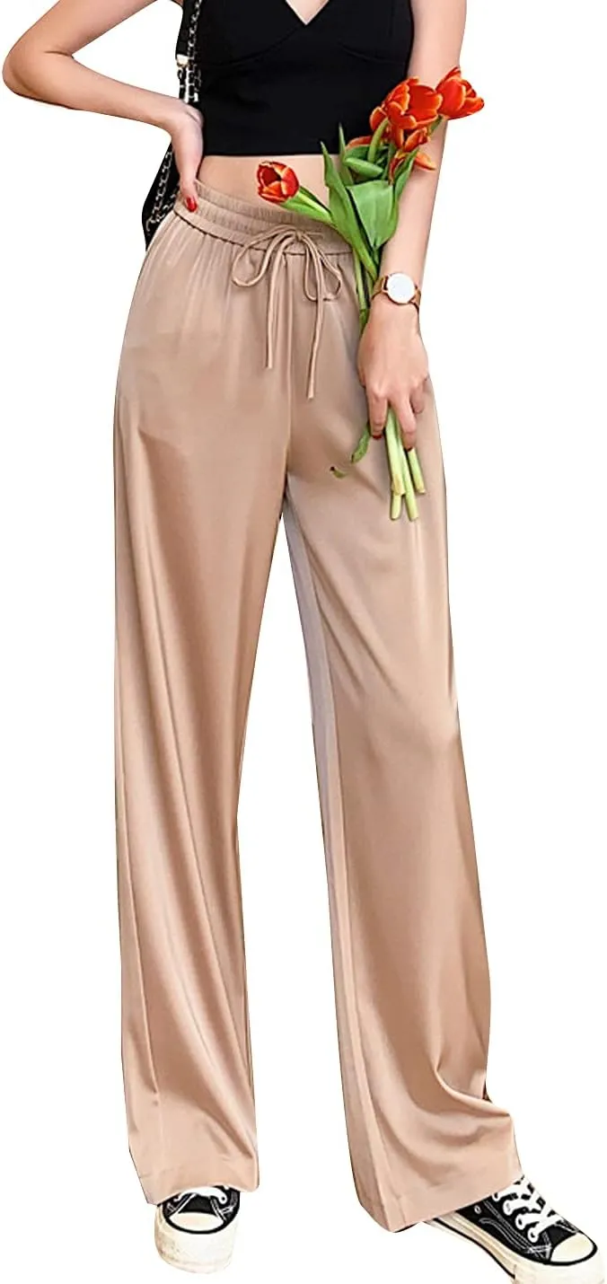 Snoly Women's Summer Ice Silk Pants High Waist Wide Leg Full Length Loose Casual Sweatpants