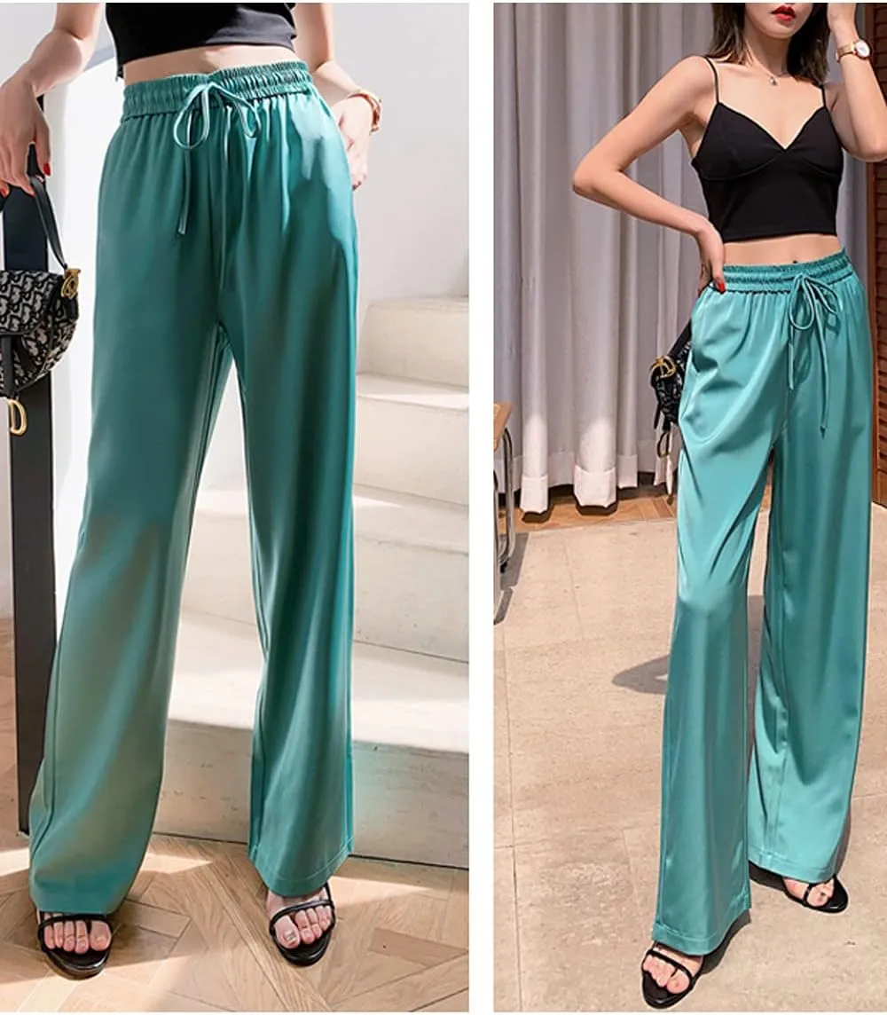 Snoly Women's Summer Ice Silk Pants High Waist Wide Leg Full Length Loose Casual Sweatpants