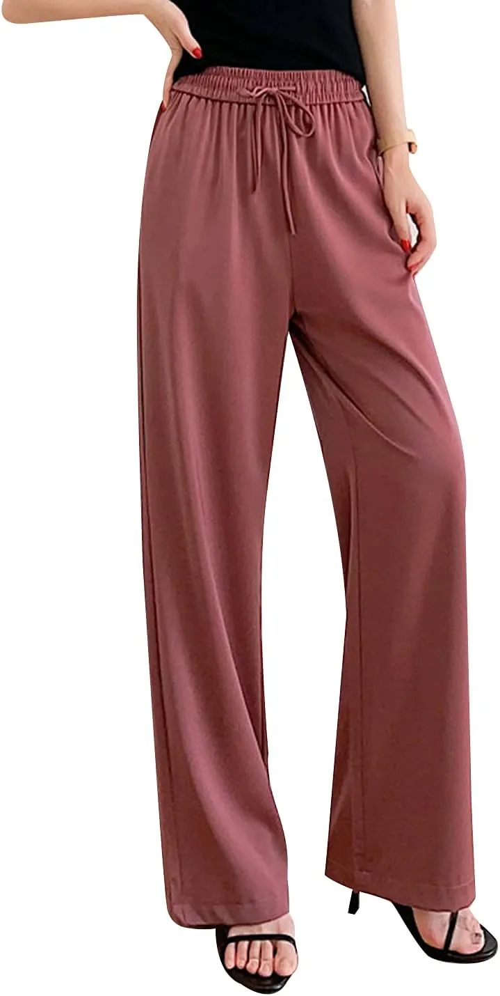 Snoly Women's Summer Ice Silk Pants High Waist Wide Leg Full Length Loose Casual Sweatpants