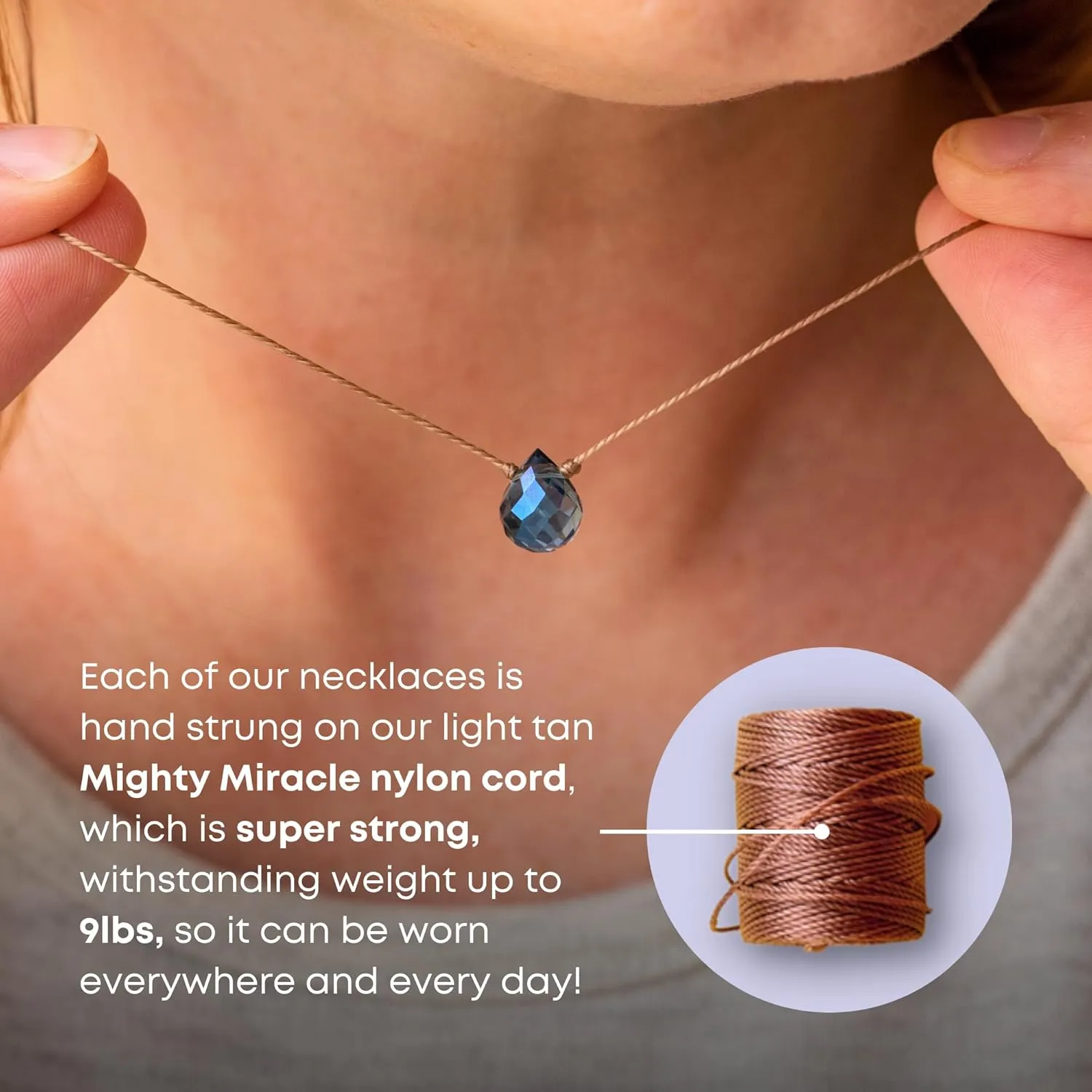 SoulKu Powder Blue Crystal Soul Shine Necklace for Breathe, Handmade Empowering Jewelry, Inspirational Gift for Women or Girls, Nylon Cord & Stainless Steel Lobster Clasp & Extender