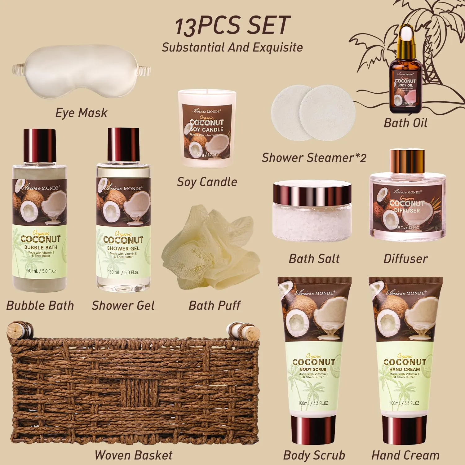 Spa Gift Baskets for Women, Coconut Bath Gift Set for Women Include Bubble Bath, Shower Steamers, Bath Salt. Bath and Body Spa Kit, Mom Birthday Gifts from Daughter, Birthday Gift Basket for Mom