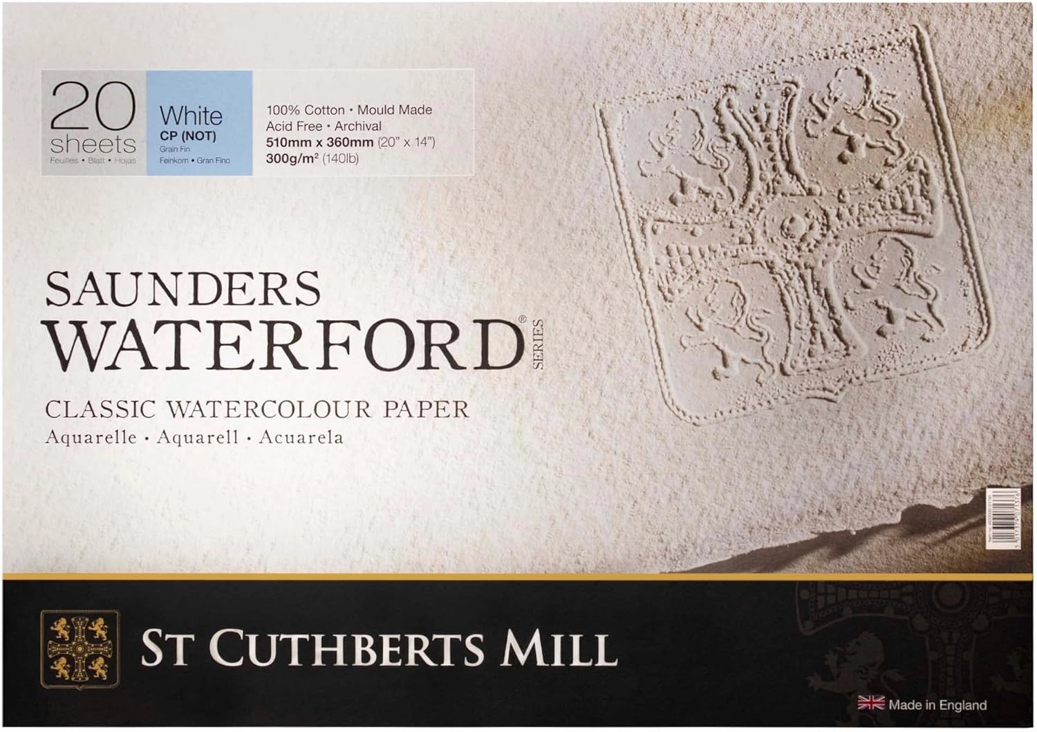St. Cuthberts Mill Saunders Watercolor Paper Block - 20x14-inch White 100% Cotton - 20 Sheets of 140lb Cold Press for Gouache Ink Acrylic Charcoal and More