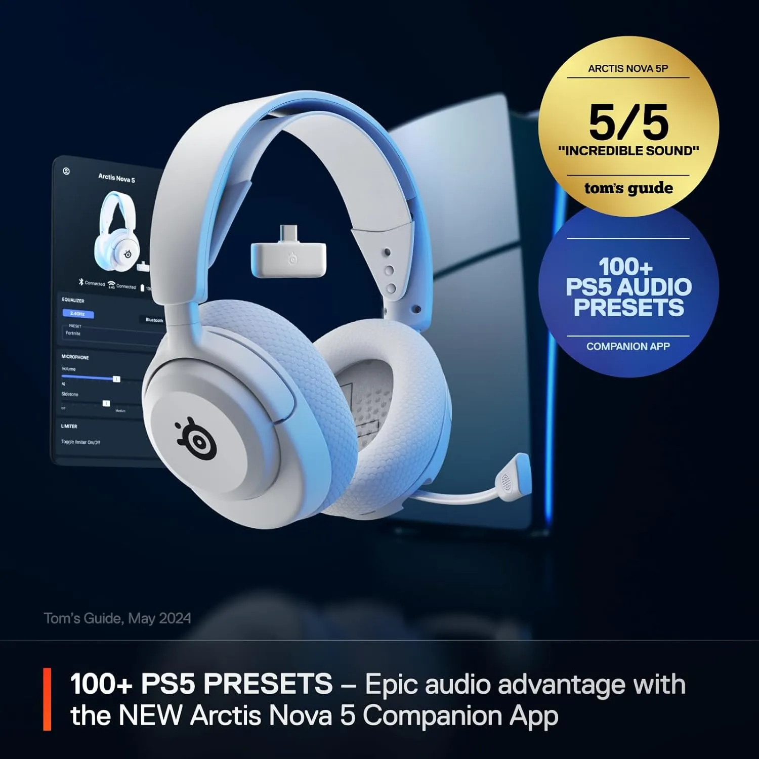 SteelSeries Arctis Nova 5P Wireless Multi-System Gaming Headset — White — Neodymium Magnetic Drivers — 100  Audio Presets — 60 HR Battery — 2.4GHz or BT — Gen2.X Mic — PS5, PS4, PC, Switch, Mobile
