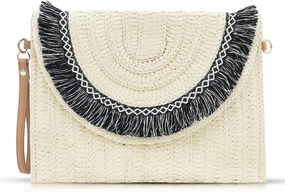 Straw Clutch Purses, Crossbody Bags for Women, Black Tassel Edge Clutch Bags, Bohemian Envelope Package Handbags Suitable for Beach, Travel, Daily Matching (Beige)