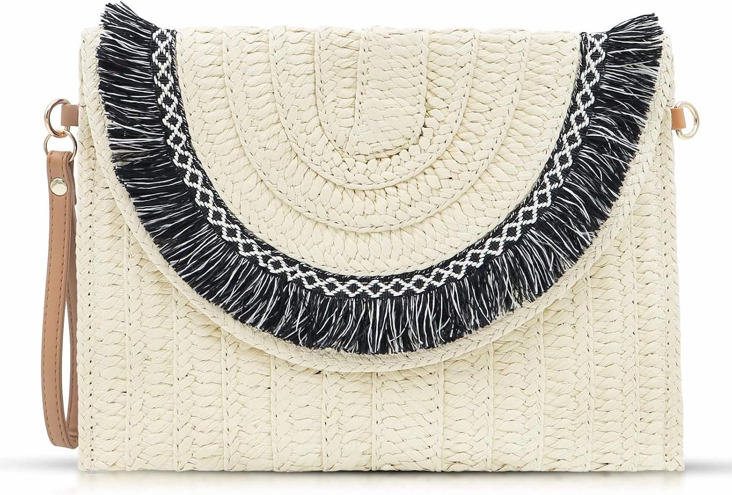 Straw Clutch Purses, Crossbody Bags for Women, Black Tassel Edge Clutch Bags, Bohemian Envelope Package Handbags Suitable for Beach, Travel, Daily Matching (Beige)