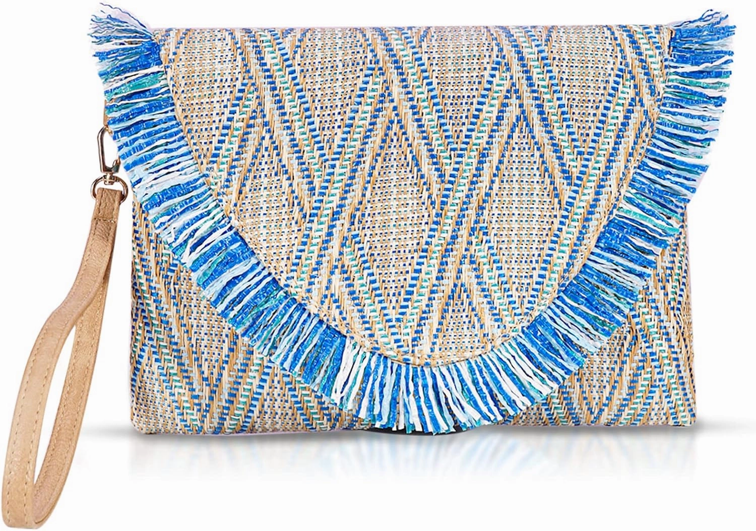 Straw Clutch Purses, Straw Beach Bag for Women, Bohemian Handmade Woven Handbags, Tassels Summer Beach Bag Vacation, Travel（Blue）