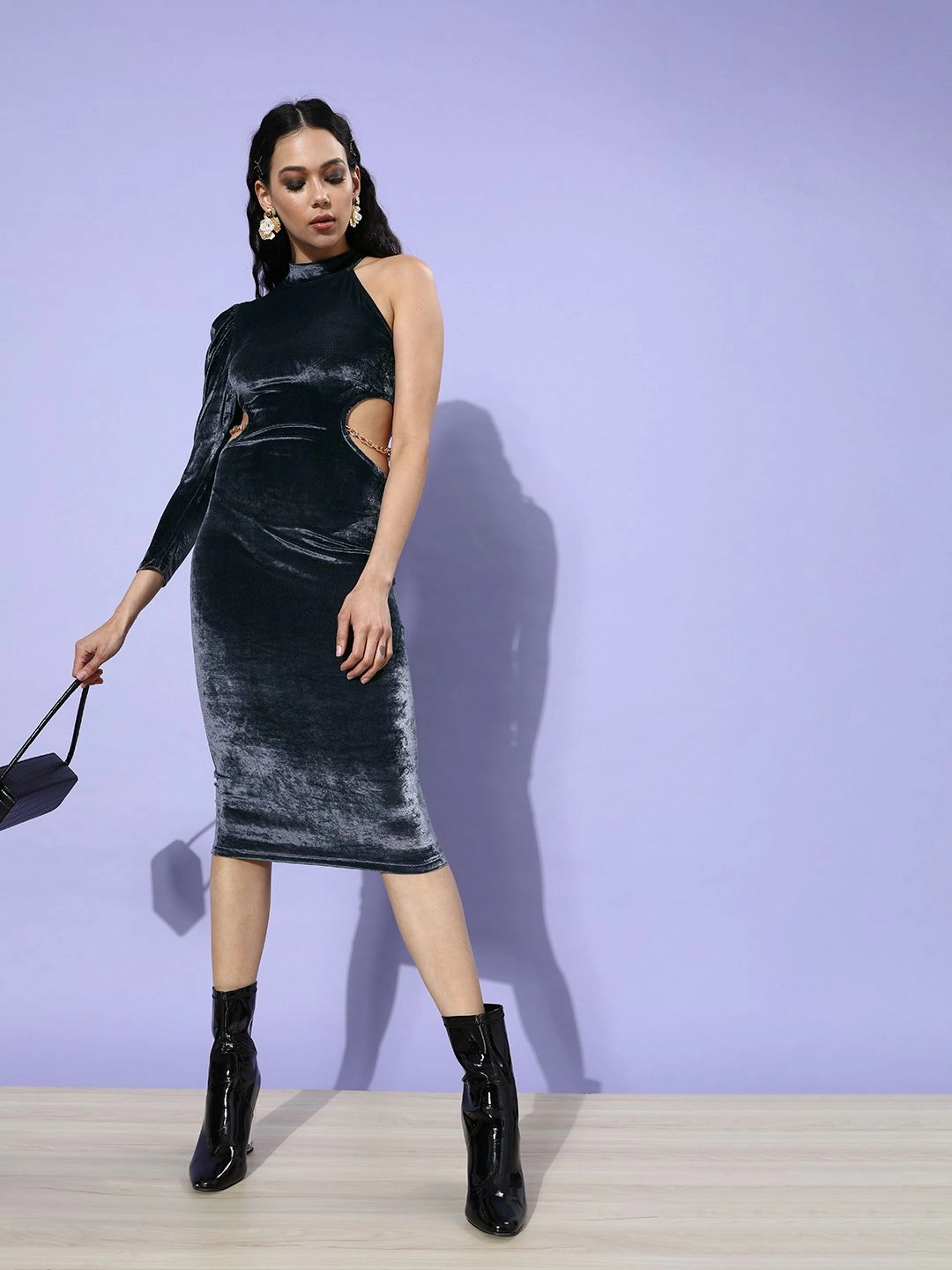STREET 9 Women Grey Solid Velvet Dress