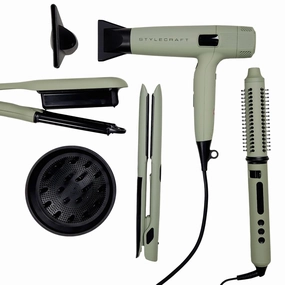StyleCraft Sage Hair Styling Bundle - Lightweight Professional Hair Dryer, Vibrating Flat Iron, 2-in-1 Curling Wand & Styling Brush, Triple Barrel Deep Waver - Tourmaline & Titanium Tools