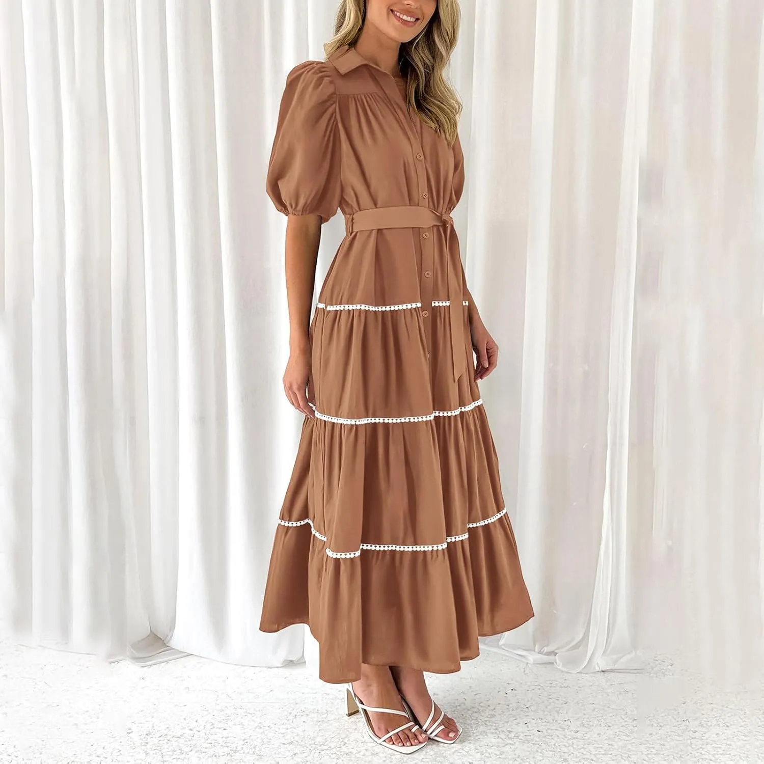 Summer Dresses for Women 2024 Casual Button Down A Line Dress V Neck Puff Sleeve Maxi Dress Trendy Summer Vacation Outfits