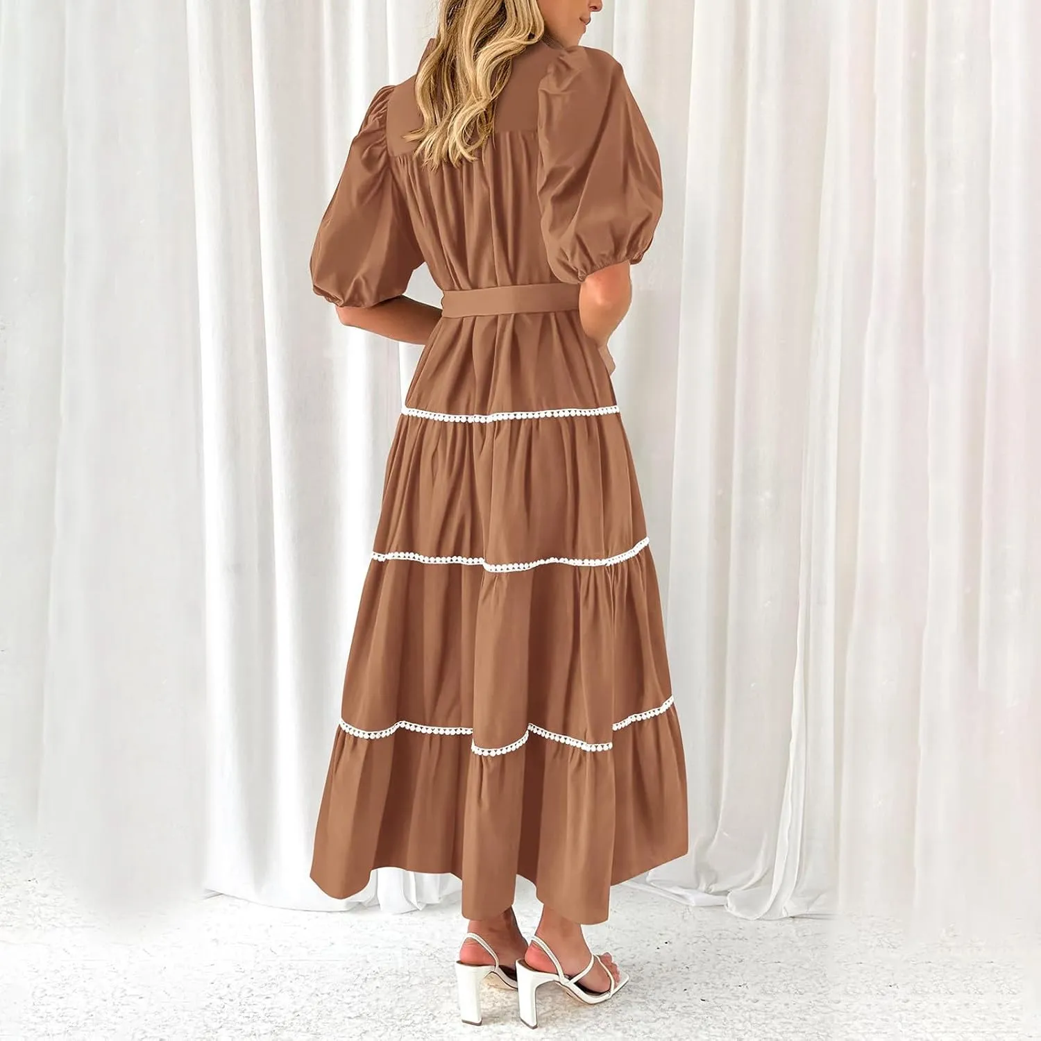 Summer Dresses for Women 2024 Casual Button Down A Line Dress V Neck Puff Sleeve Maxi Dress Trendy Summer Vacation Outfits