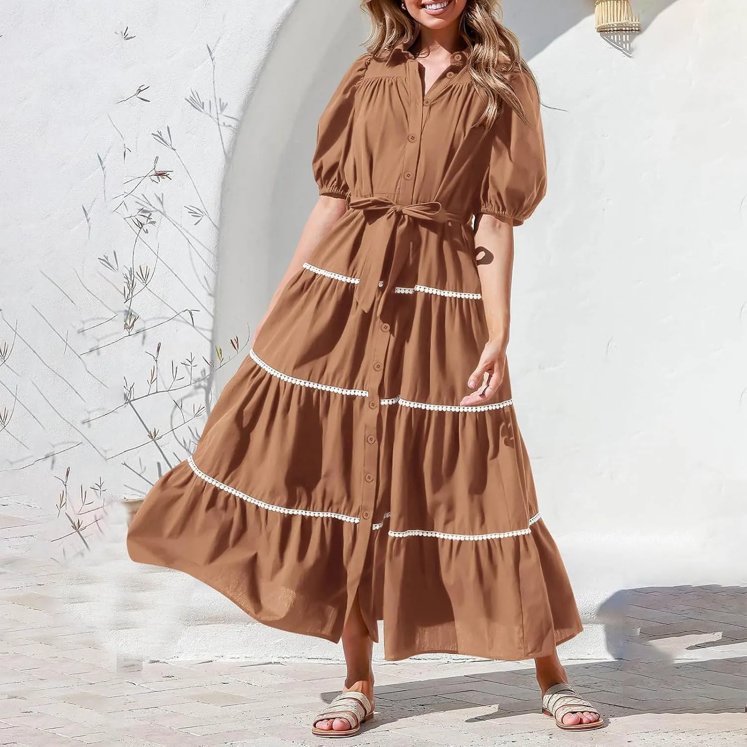 Summer Dresses for Women 2024 Casual Button Down A Line Dress V Neck Puff Sleeve Maxi Dress Trendy Summer Vacation Outfits