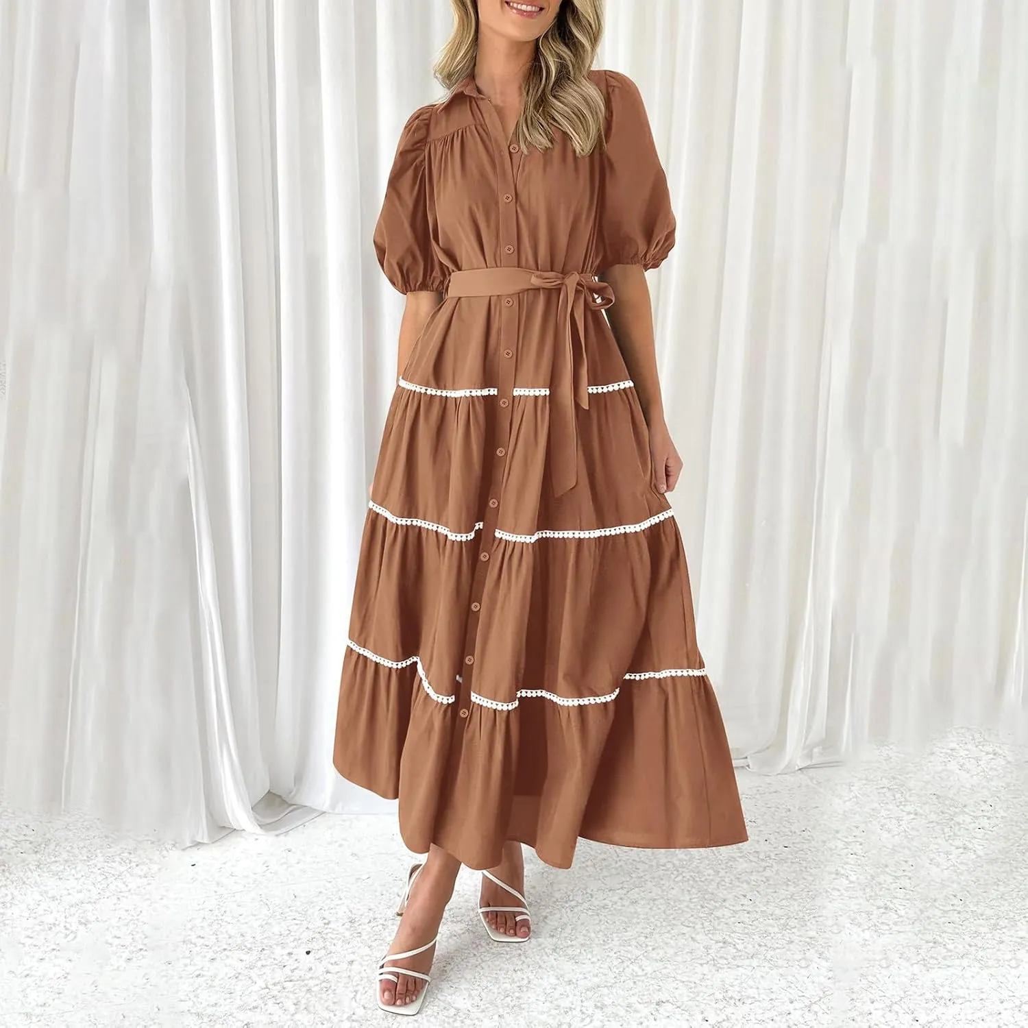 Summer Dresses for Women 2024 Casual Button Down A Line Dress V Neck Puff Sleeve Maxi Dress Trendy Summer Vacation Outfits