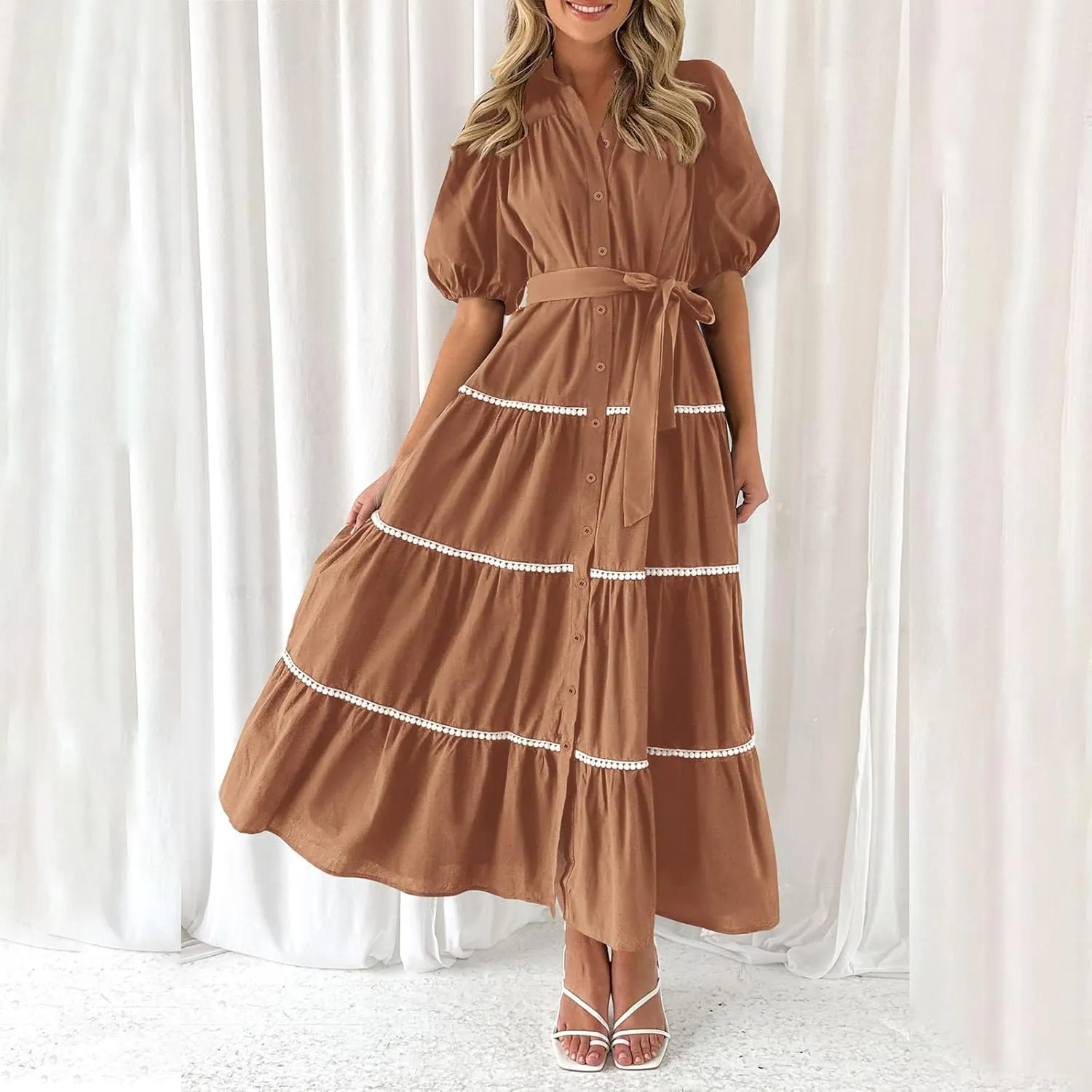 Summer Dresses for Women 2024 Casual Button Down A Line Dress V Neck Puff Sleeve Maxi Dress Trendy Summer Vacation Outfits