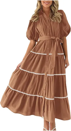 Summer Dresses for Women 2024 Casual Button Down A Line Dress V Neck Puff Sleeve Maxi Dress Trendy Summer Vacation Outfits