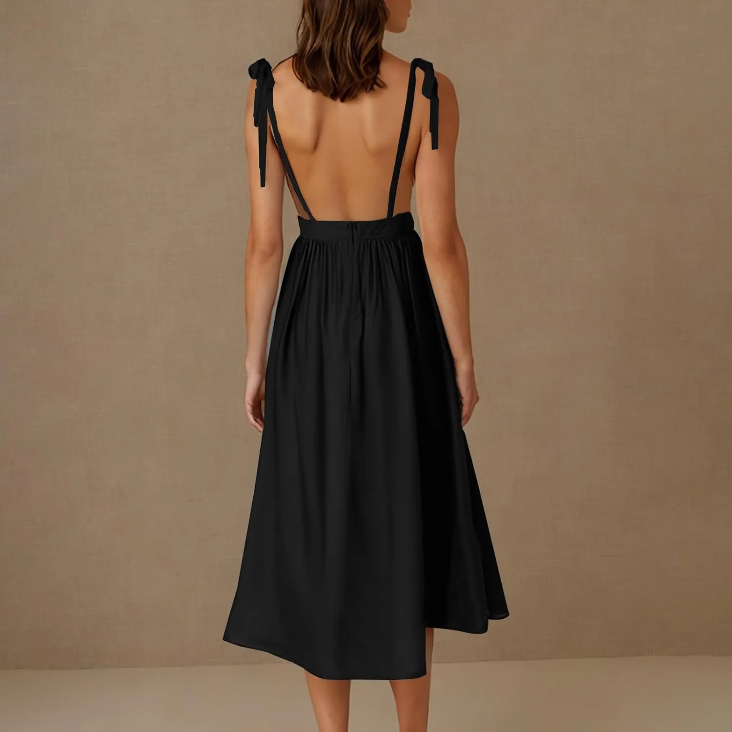 Summer Midi Skirt for Womens Straps Sleeveless V Neck Dress Pleated Ruffle Hem A Line Dresses Beach Party Cocktail