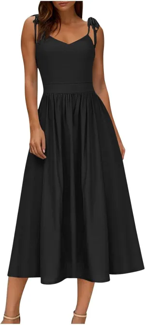 Summer Midi Skirt for Womens Straps Sleeveless V Neck Dress Pleated Ruffle Hem A Line Dresses Beach Party Cocktail