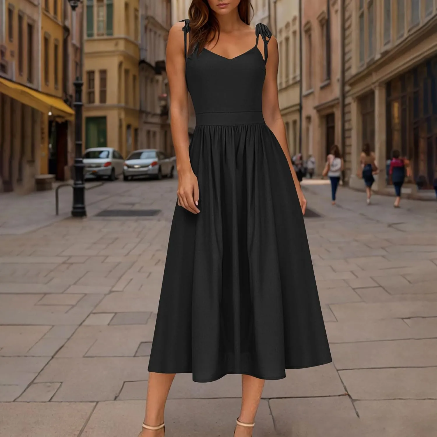 Summer Midi Skirt for Womens Straps Sleeveless V Neck Dress Pleated Ruffle Hem A Line Dresses Beach Party Cocktail