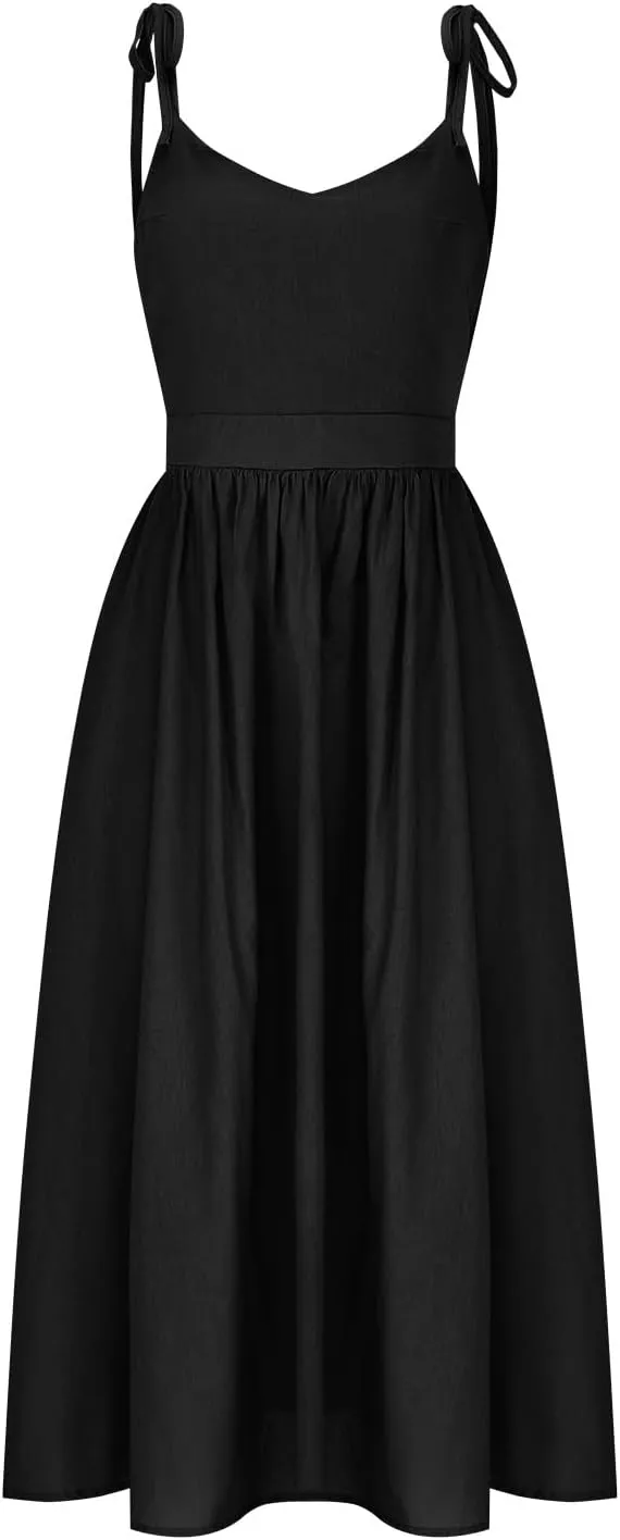 Summer Midi Skirt for Womens Straps Sleeveless V Neck Dress Pleated Ruffle Hem A Line Dresses Beach Party Cocktail