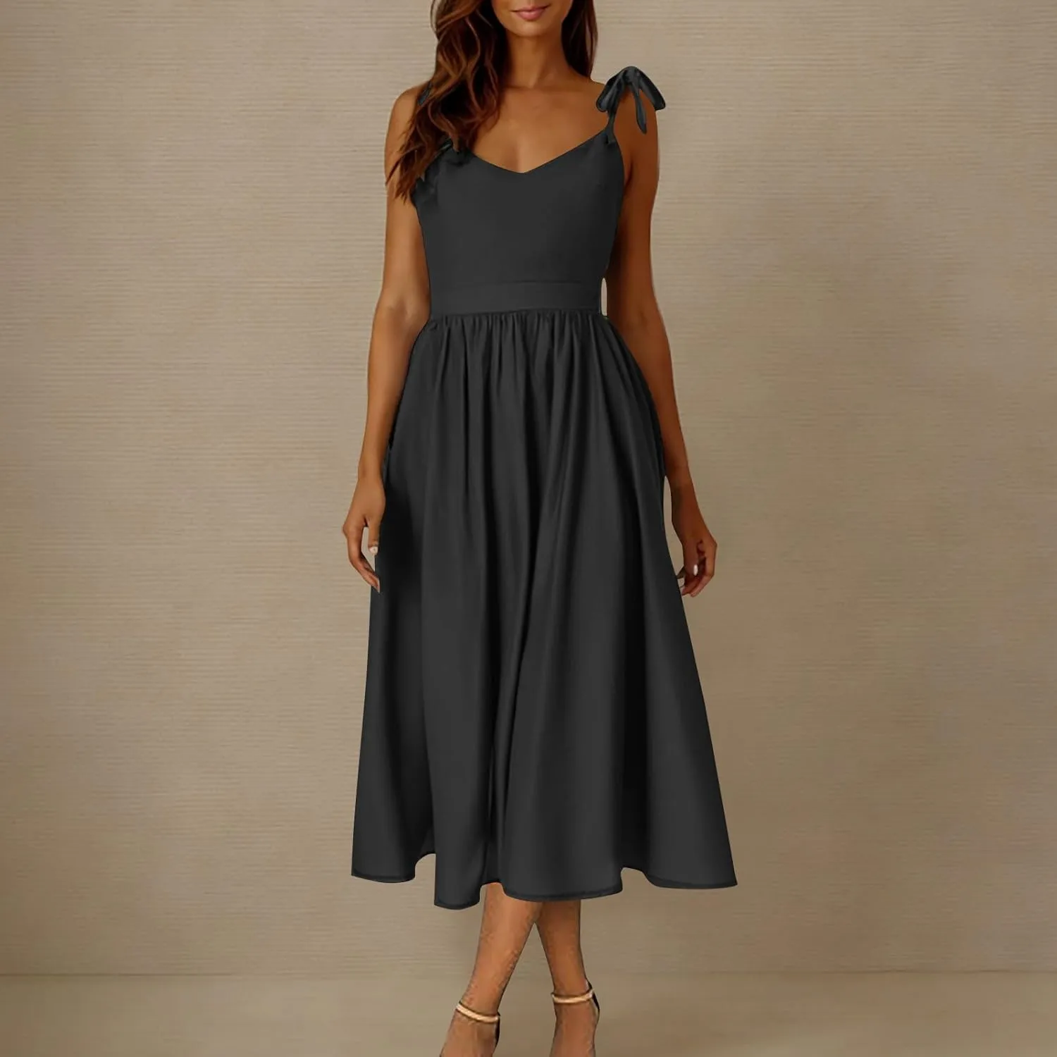 Summer Midi Skirt for Womens Straps Sleeveless V Neck Dress Pleated Ruffle Hem A Line Dresses Beach Party Cocktail
