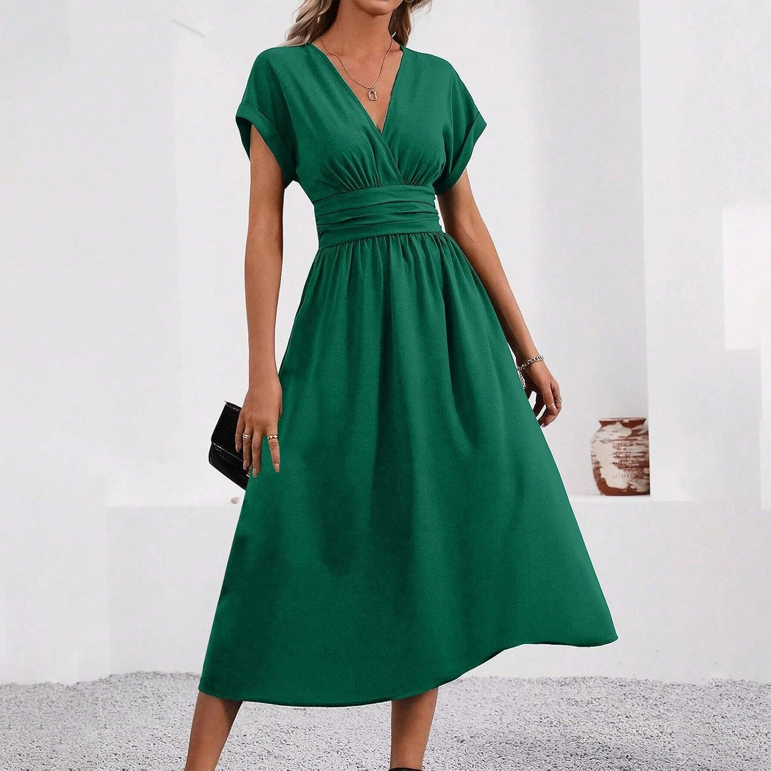 Summer Womens Midi Dresses Casual Roll Up Short Sleeve Ruched Wrap V Neck Empire Waist Flowy Pleated A Line Swing Dress