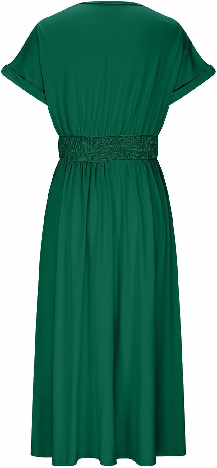 Summer Womens Midi Dresses Casual Roll Up Short Sleeve Ruched Wrap V Neck Empire Waist Flowy Pleated A Line Swing Dress