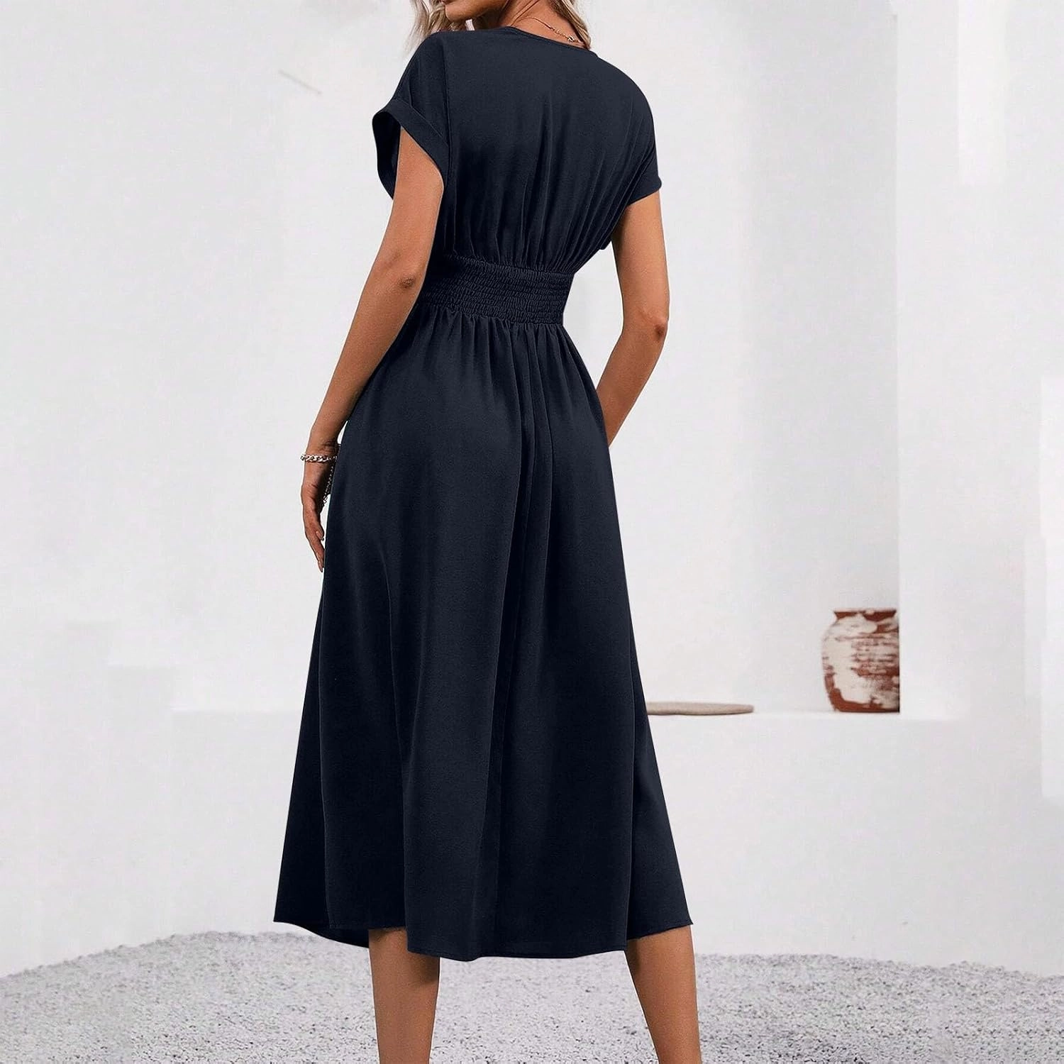 Summer Womens Midi Dresses Casual Roll Up Short Sleeve Ruched Wrap V Neck Empire Waist Flowy Pleated A Line Swing Dress